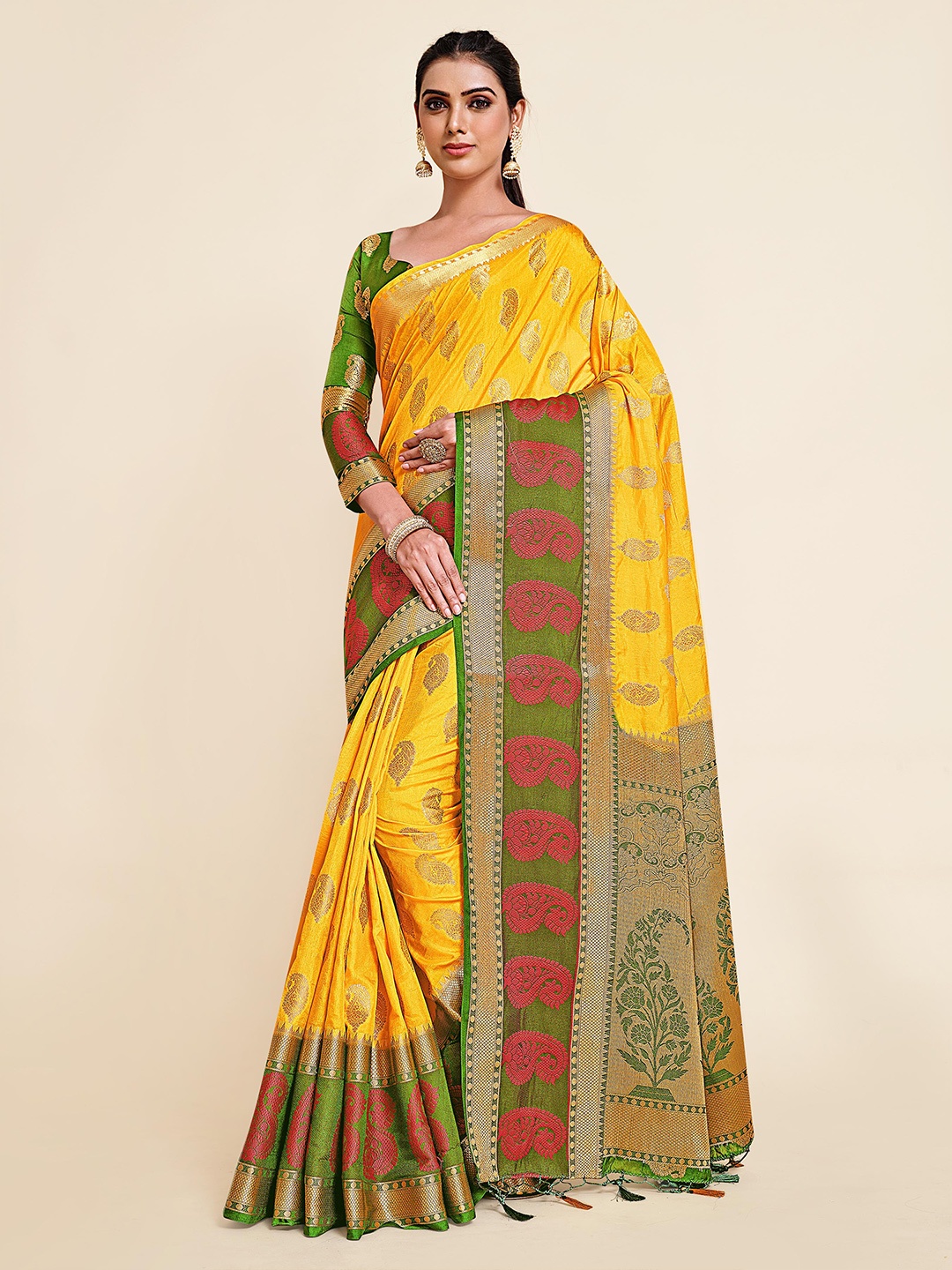 

MIMOSA Yellow & Green Paisley Zari Art Silk Kanjeevaram Saree