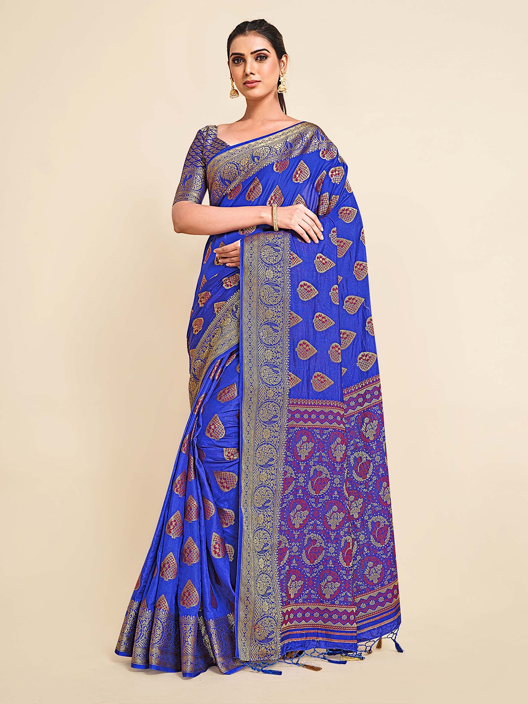

MIMOSA Blue & Red Ethnic Motifs Zari Art Silk Kanjeevaram Saree