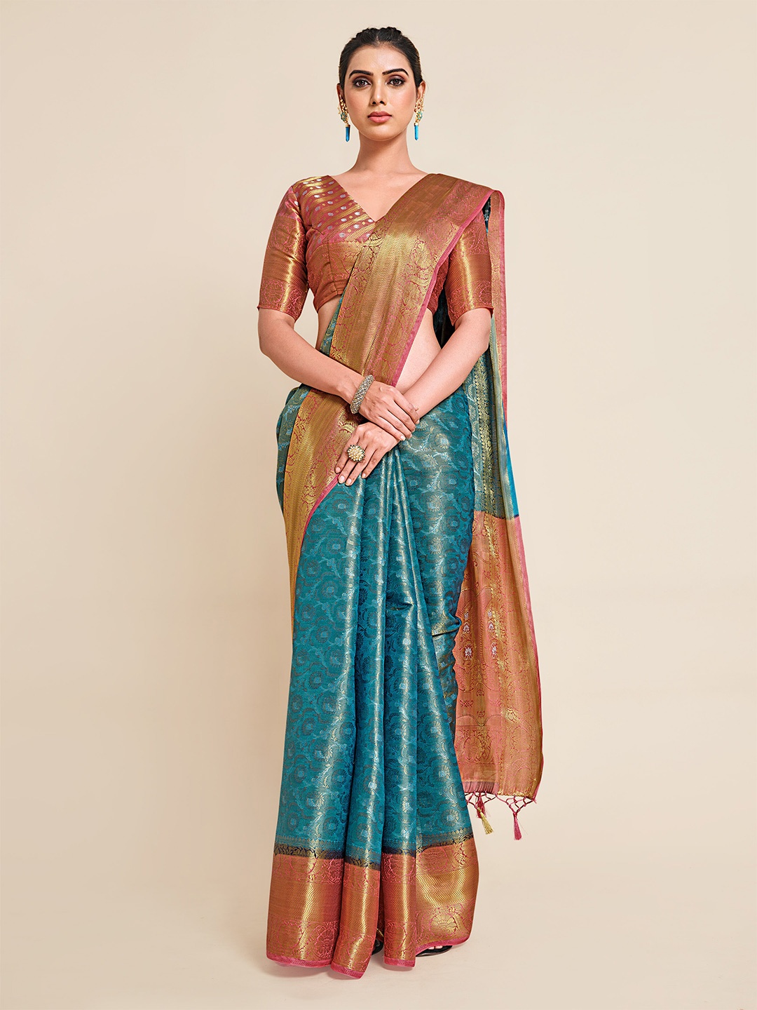 

MIMOSA Teal & Pink Ethnic Motifs Zari Art Silk Kanjeevaram Saree