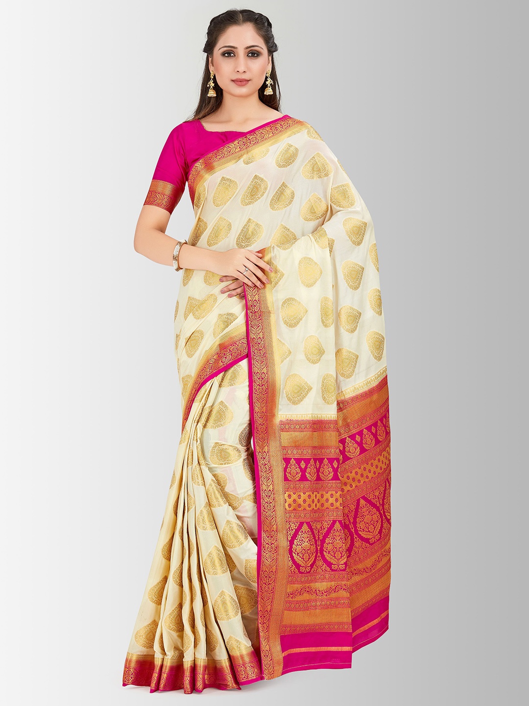 

MIMOSA Off White & Pink Ethnic Motifs Zari Mysore Silk Saree
