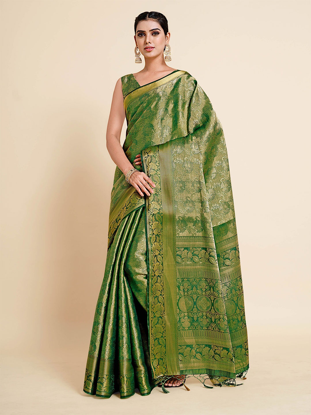 

MIMOSA Olive Green & Gold-Toned Ethnic Motifs Zari Art Silk Kanjeevaram Saree