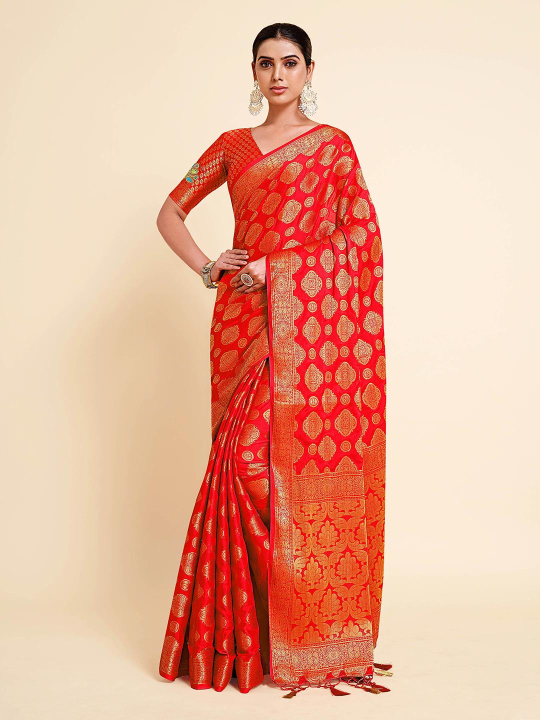 

MIMOSA Red & Gold-Toned Ethnic Motifs Zari Mysore Silk Saree