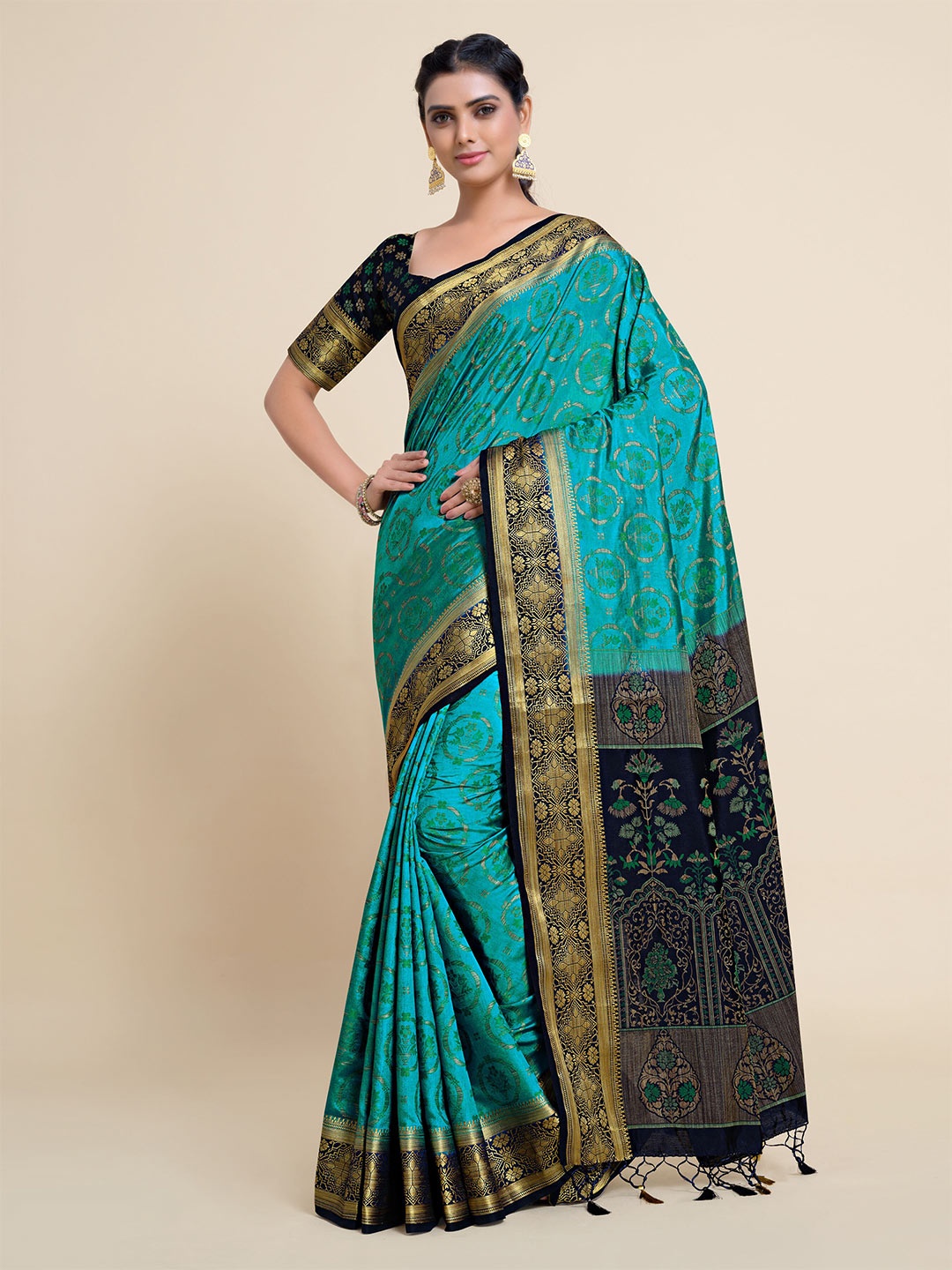 

MIMOSA Turquoise Blue & Black Ethnic Motifs Zari Art Silk Kanjeevaram Saree