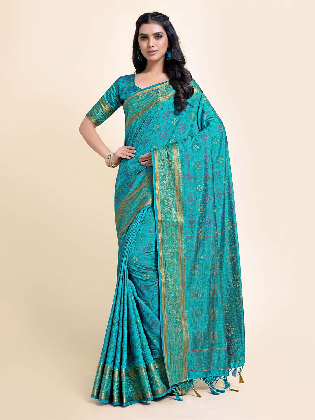 

MIMOSA Turquoise Blue & Gold-Toned Ethnic Motifs Zari Art Silk Kanjeevaram Saree