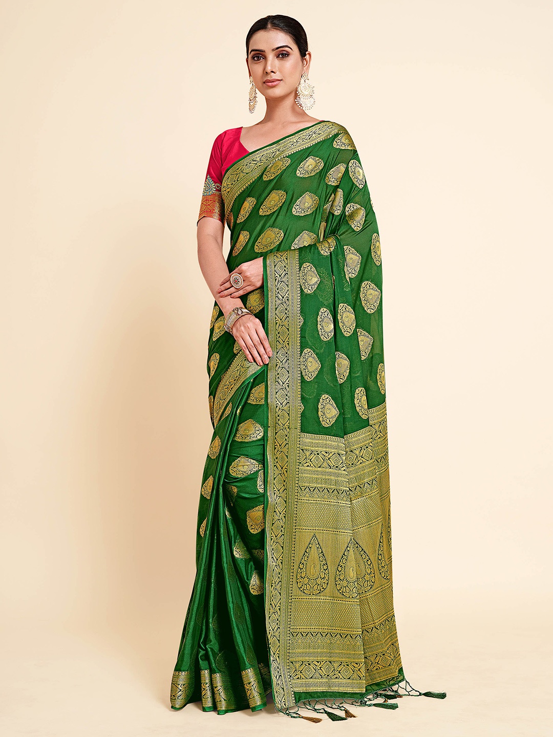 

MIMOSA Green & Gold-Toned Ethnic Motifs Zari Mysore Silk Saree