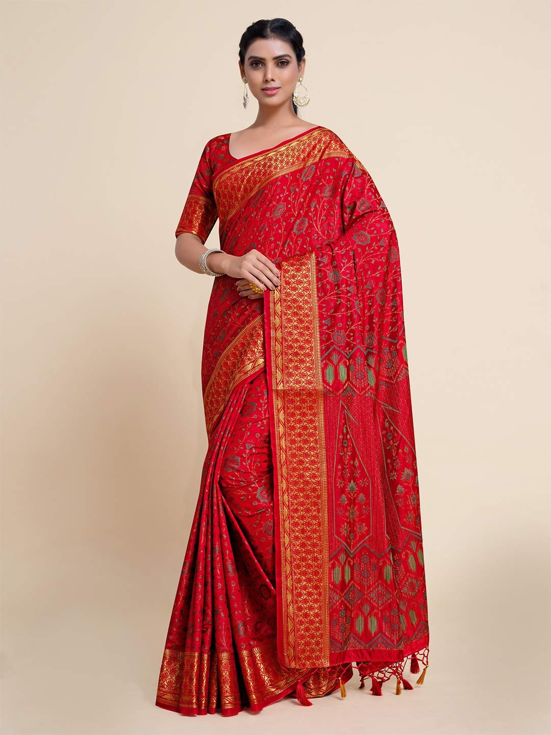 

MIMOSA Red & Gold-Toned Ethnic Motifs Zari Art Silk Kanjeevaram Saree