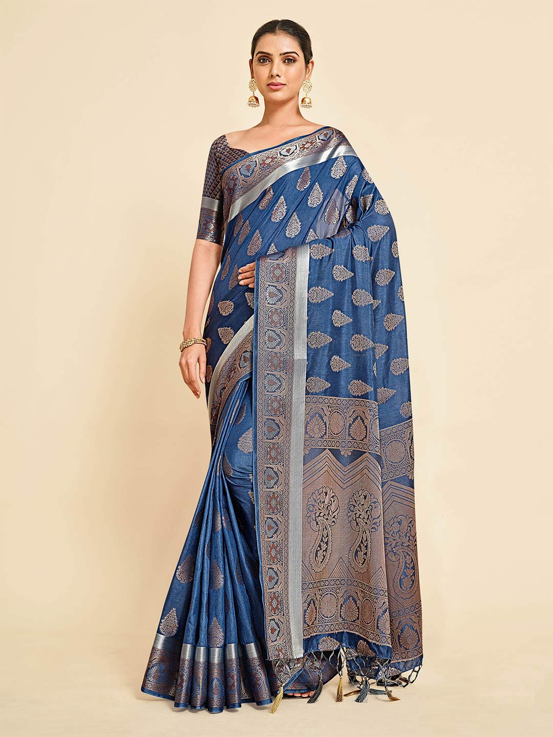 

MIMOSA Blue & Silver-Toned Ethnic Motifs Zari Art Silk Kanjeevaram Saree