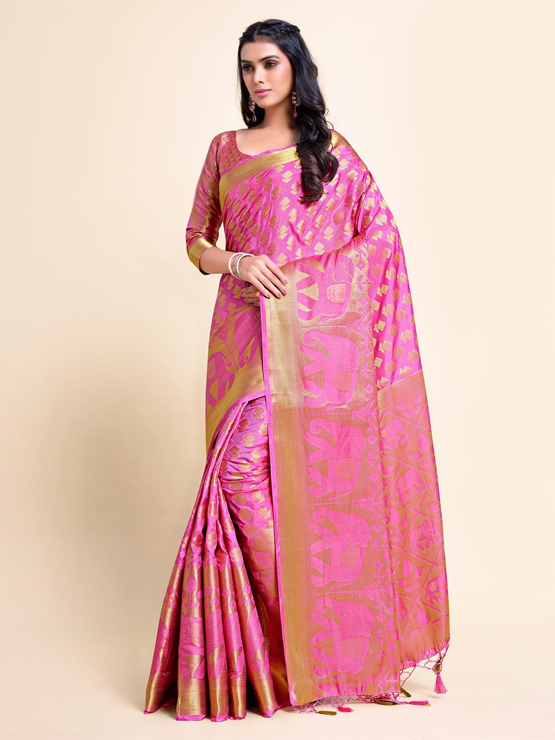 

MIMOSA Pink & Gold-Toned Ethnic Motifs Zari Art Silk Kanjeevaram Saree