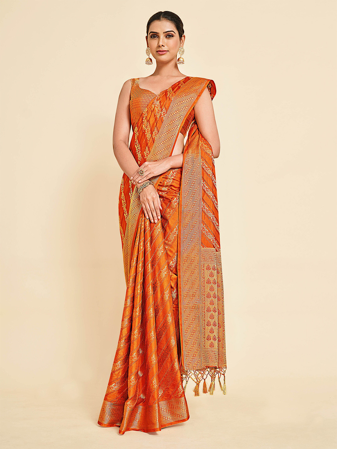 

MIMOSA Orange & Gold-Toned Ethnic Motifs Zari Art Silk Kanjeevaram Saree