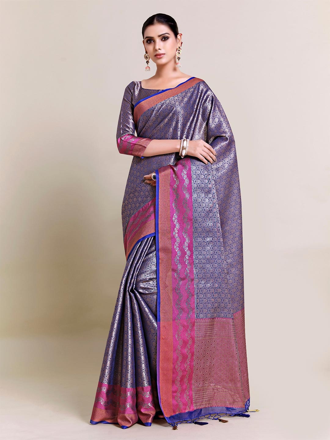 

MIMOSA Blue & Pink Ethnic Motifs Zari Art Silk Banarasi Saree