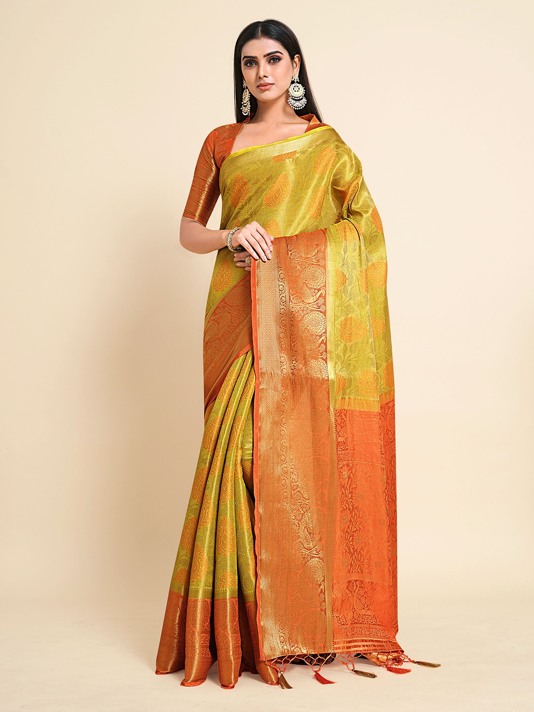 

MIMOSA Yellow & Orange Ethnic Motifs Zari Art Silk Kanjeevaram Saree