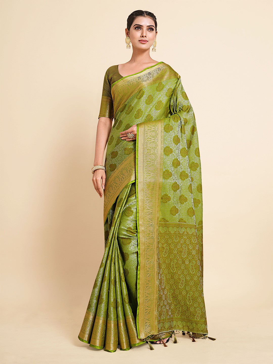 

MIMOSA Olive Green & Gold-Toned Ethnic Motifs Zari Art Silk Kanjeevaram Saree