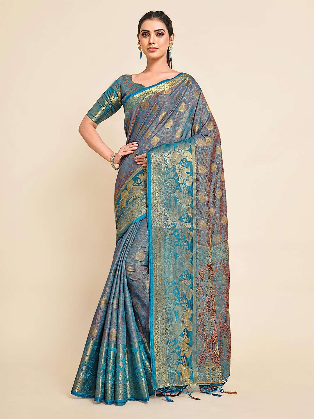

MIMOSA Teal & Gold-Toned Ethnic Motifs Zari Art Silk Kanjeevaram Saree
