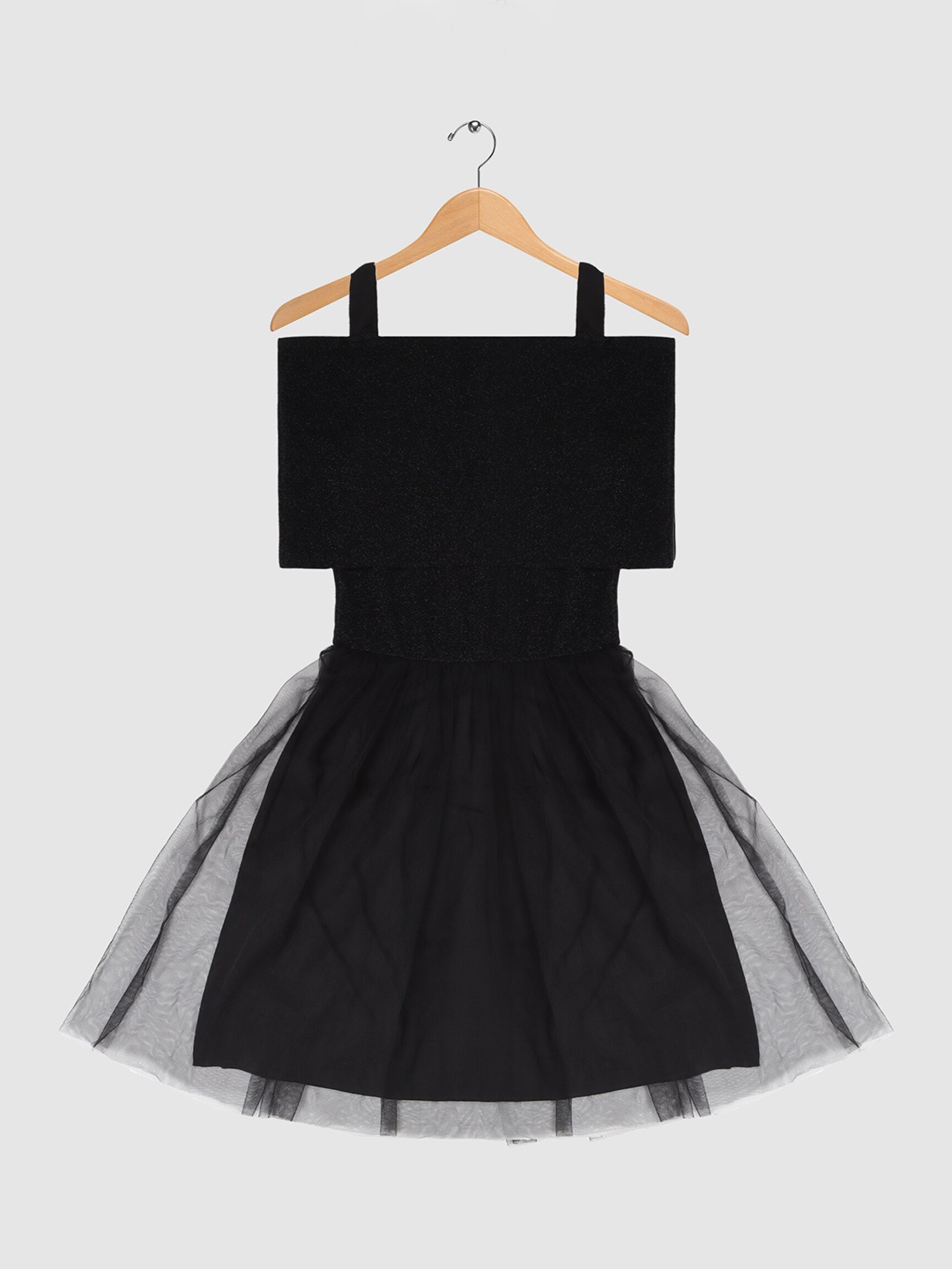 

YK Girls Black Cold-Shoulder Net Tulle Fit & Flare Dress