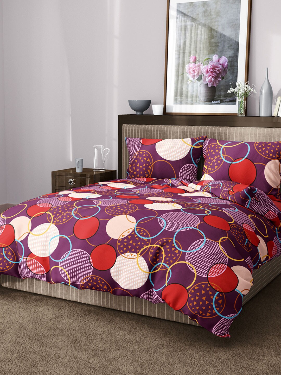 

Aura Geometric 144 TC King Cotton Bedsheet with 2 Pillow Covers, Mauve
