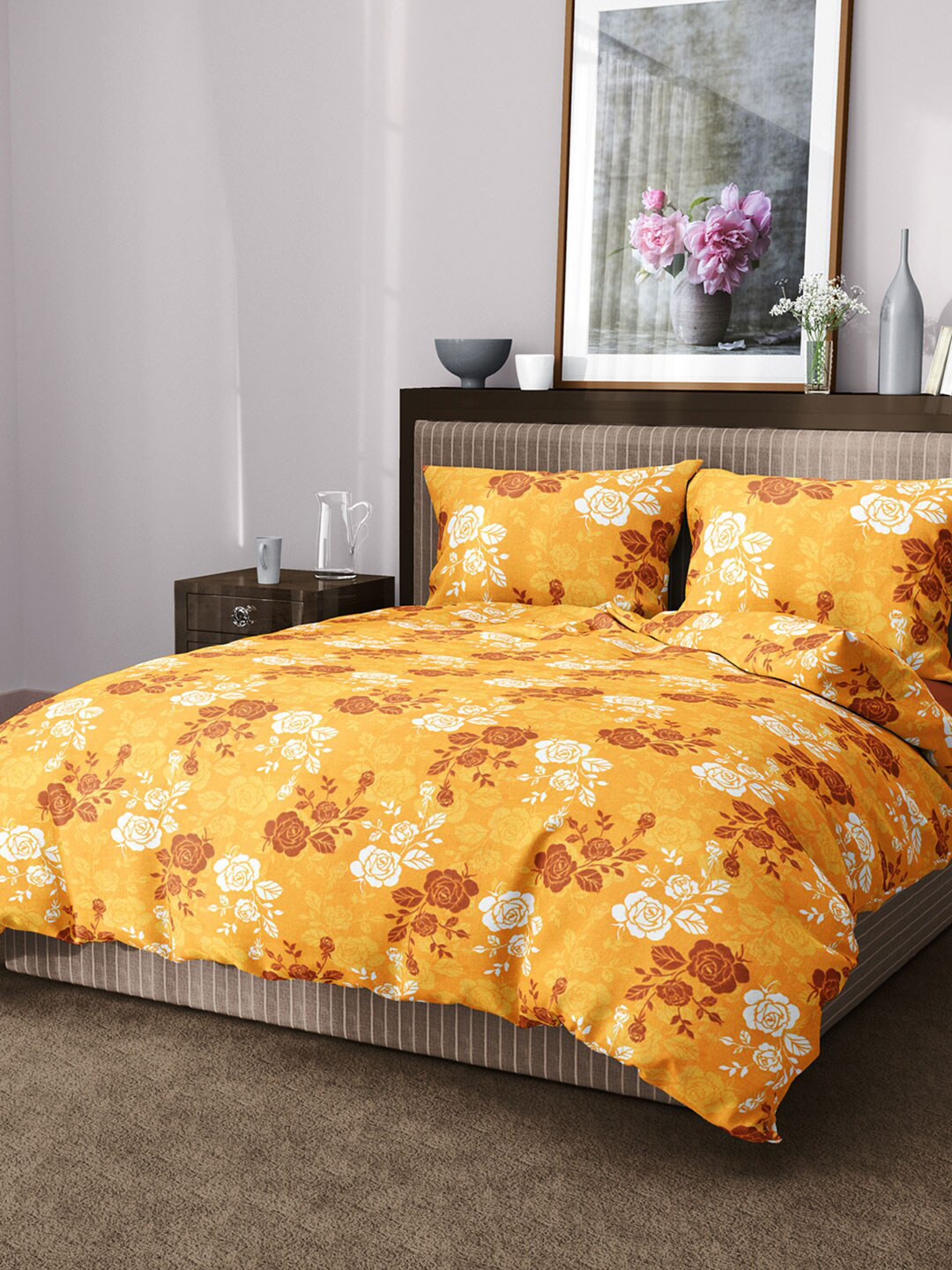 

Aura Floral 144 TC King Cotton Bedsheet with 2 Pillow Covers, Yellow