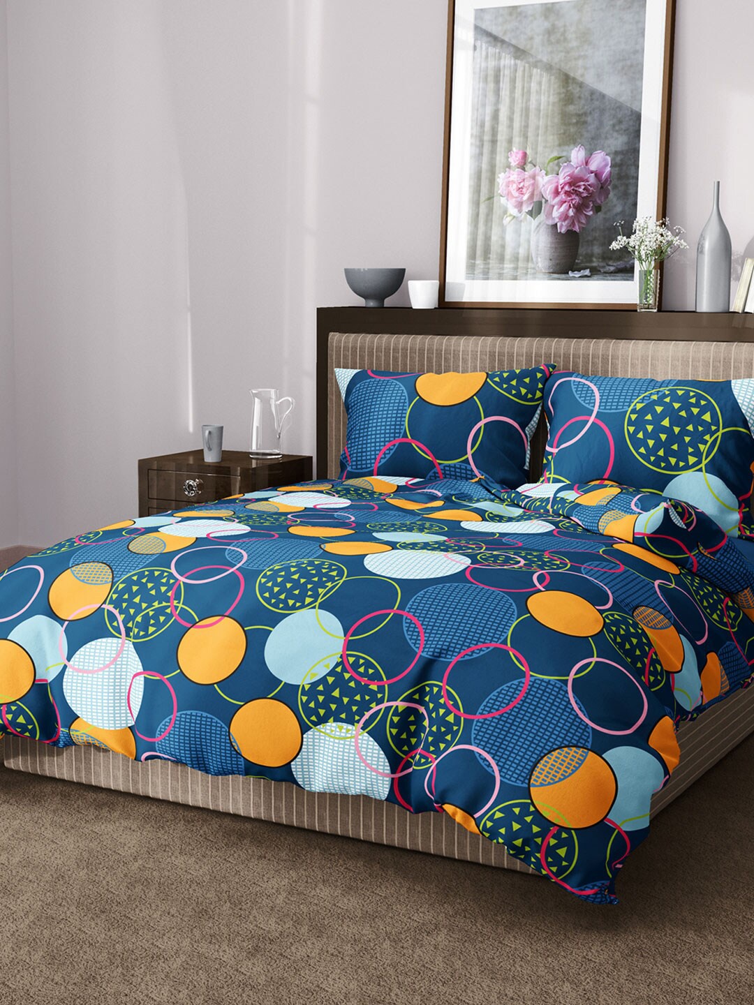 

Aura Geometric 144 TC King Cotton Bedsheet with 2 Pillow Covers, Blue