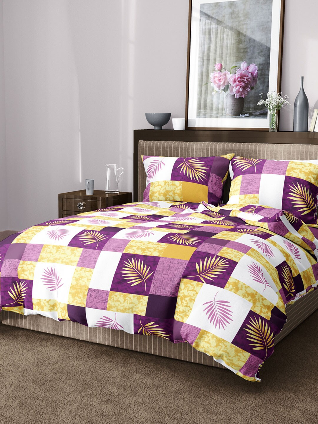 

Aura Floral 144 TC King Cotton Bedsheet with 2 Pillow Covers, Purple