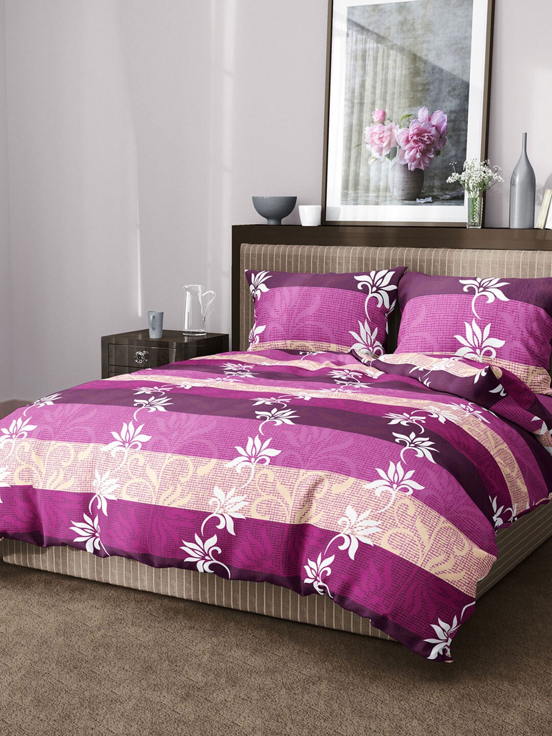 

Aura Floral 144 TC King Cotton Bedsheet with 2 Pillow Covers, Magenta