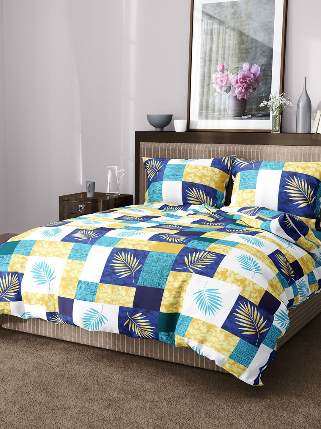 

Aura Geometric 144 TC King Cotton Bedsheet with 2 Pillow Covers, Blue