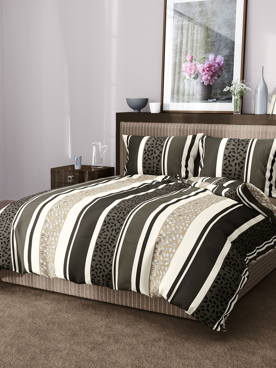 

Aura Striped 144 TC King Cotton Bedsheet with 2 Pillow Covers, Olive