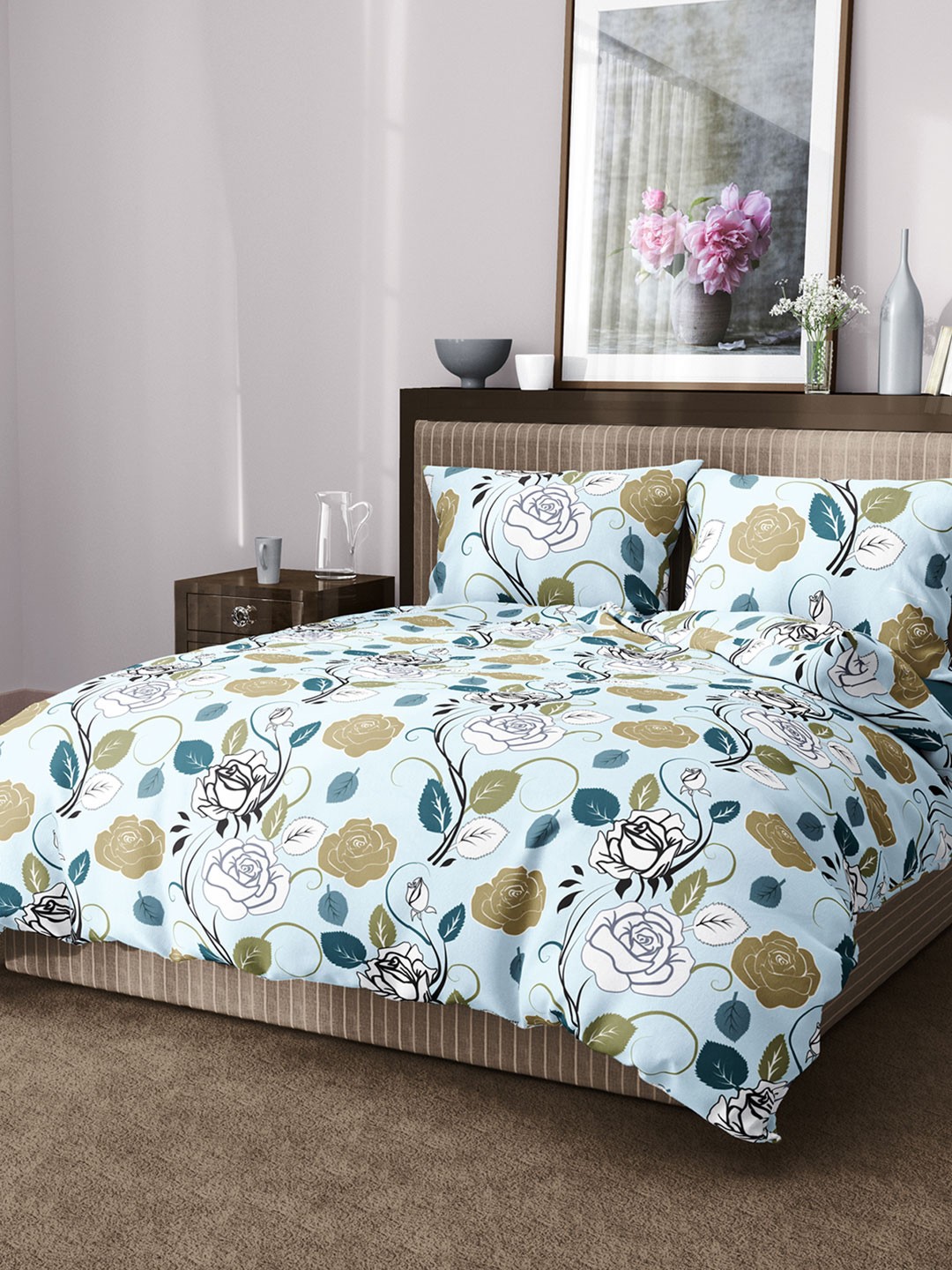 

Aura Floral 144 TC King Cotton Bedsheet with 2 Pillow Covers, Turquoise blue