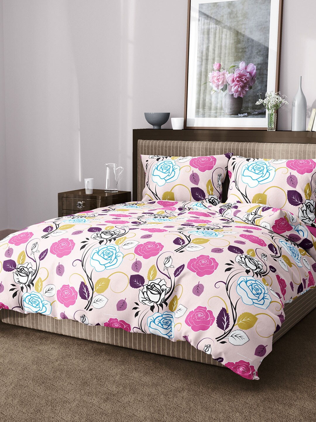 

Aura Floral 144 TC King Cotton Bedsheet with 2 Pillow Covers, Pink