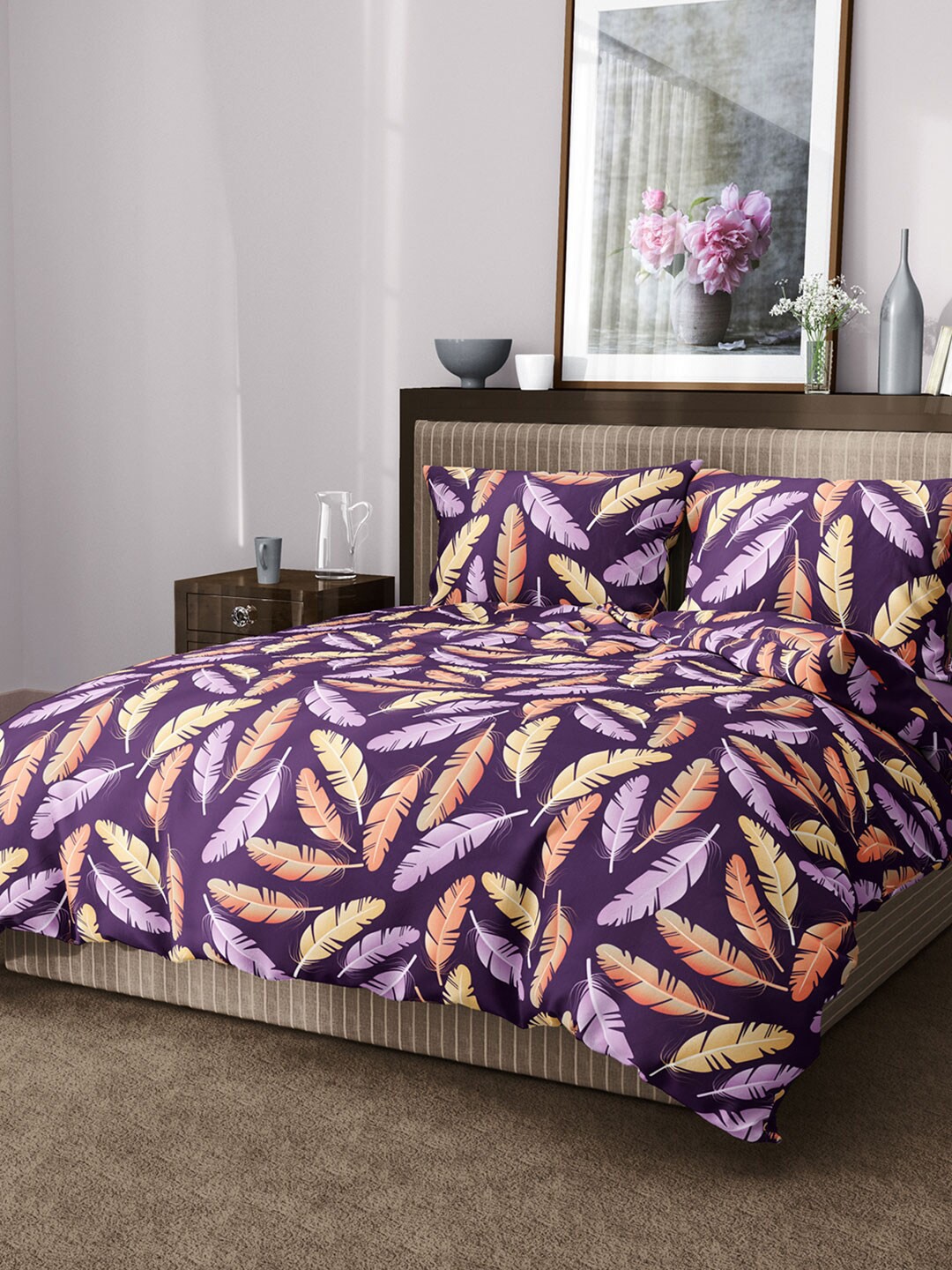 

Aura Conversational 144 TC King Cotton Bedsheet with 2 Pillow Covers, Purple