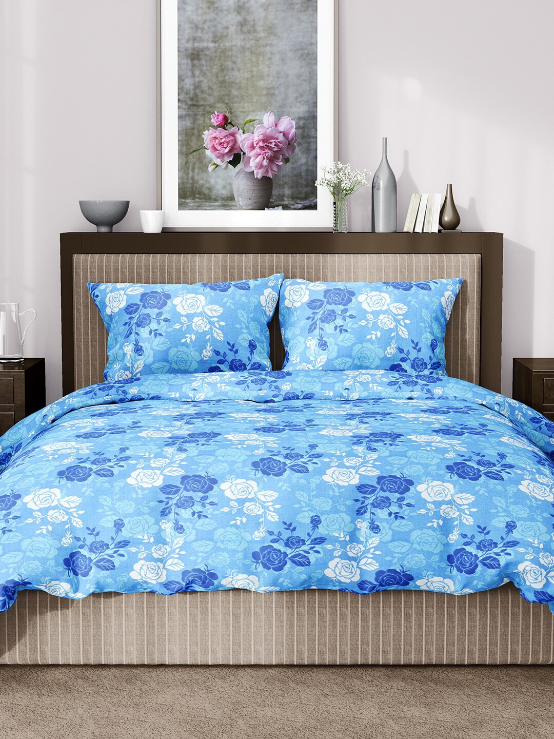 

Aura Floral 144 TC King Cotton Bedsheet with 2 Pillow Covers, Blue