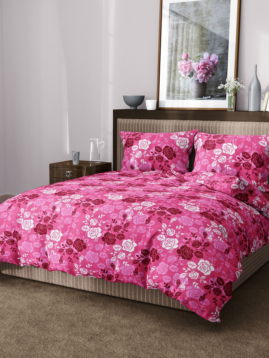 

Aura Floral 144 TC King Cotton Bedsheet with 2 Pillow Covers, Pink