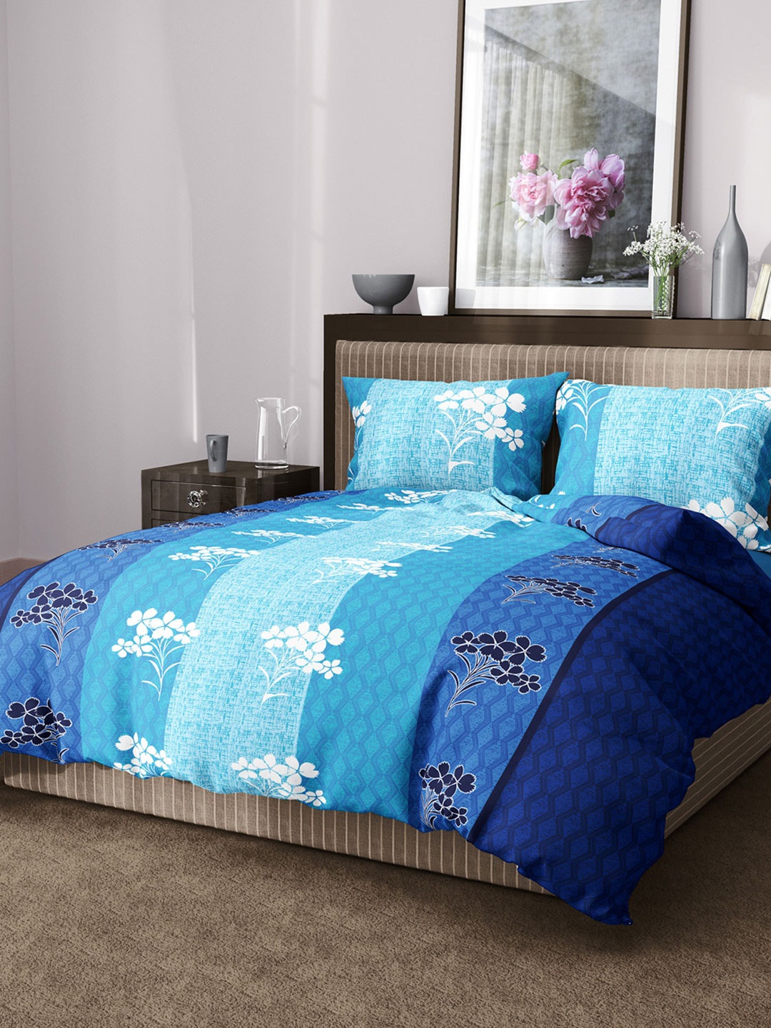 

Aura Floral 144 TC King Cotton Bedsheet with 2 Pillow Covers, Blue