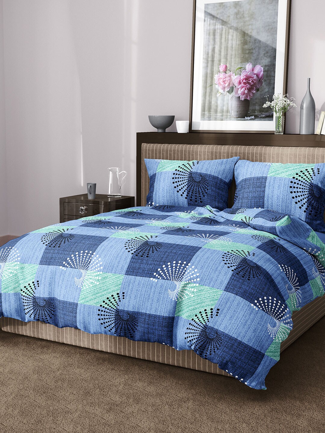 

Aura Geometric 144 TC King Cotton Bedsheet with 2 Pillow Covers, Blue