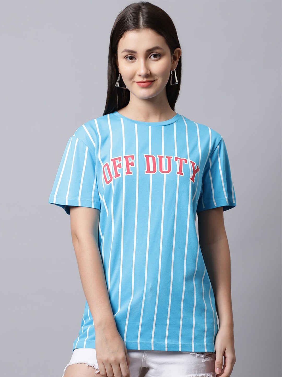 

DOOR74 Women Blue Printed Cotton T-shirt