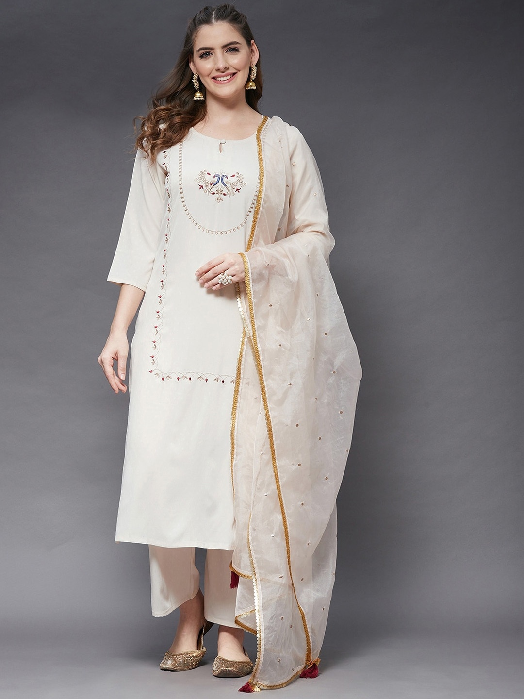 

Azira Women Cream-Coloured Thread Work Kurta with Trousers & With Dupatta