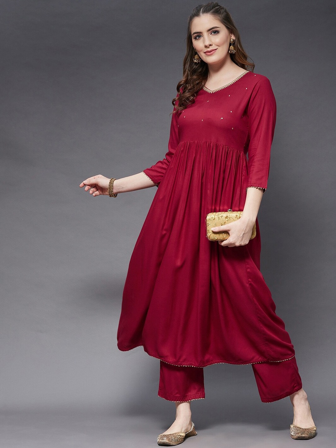 

Azira Women Red Embroidered Empire Kurta with Trouser