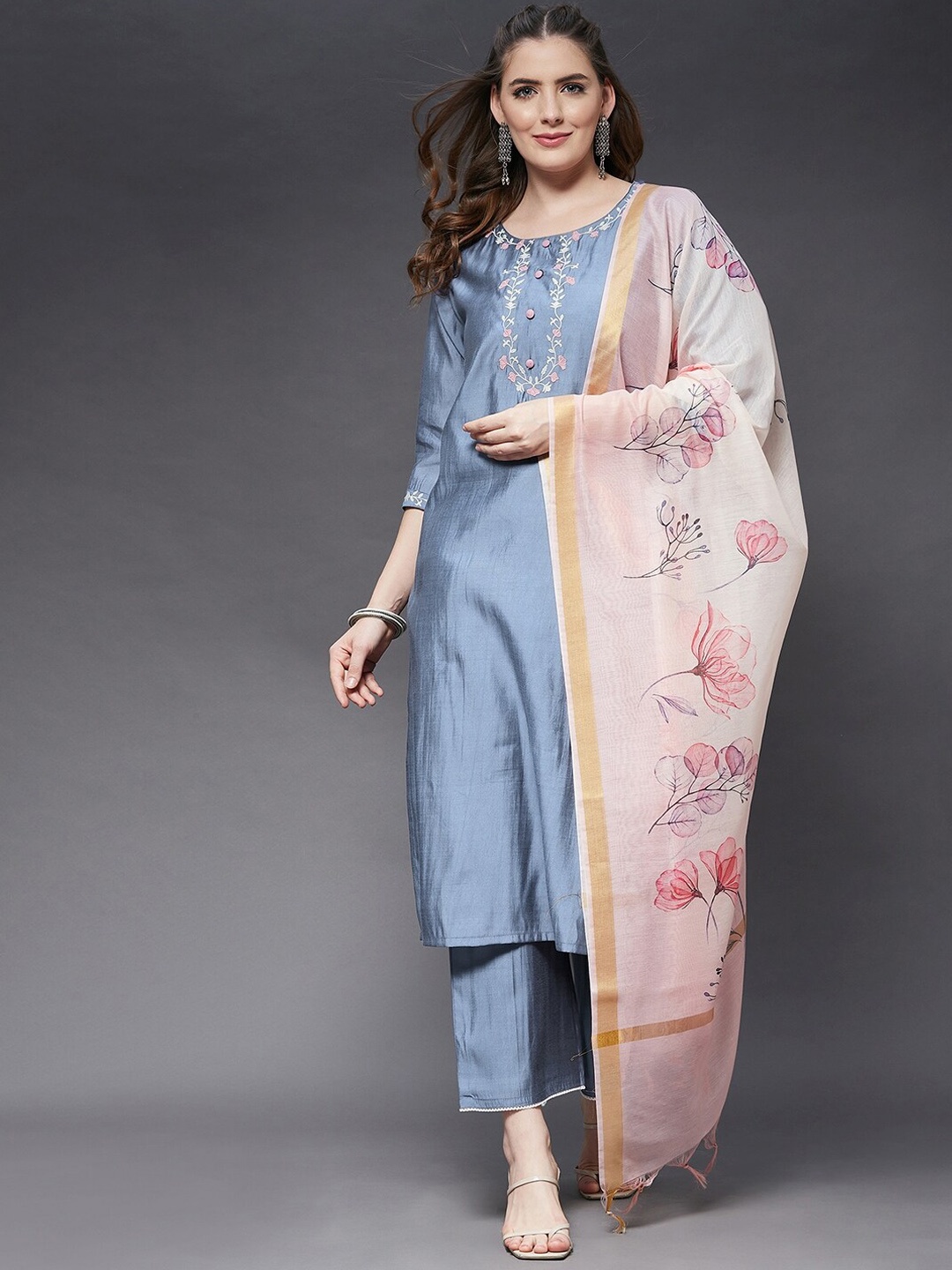 

Azira Women Blue Thread Work Kurta with Trousers & With Dupatta