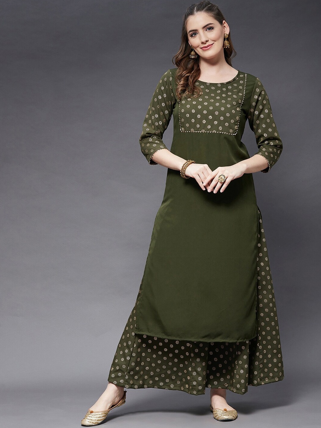 

Azira Women Green Ethnic Motifs Yoke Design Poly Crepe Straight Kurta with Palazzos