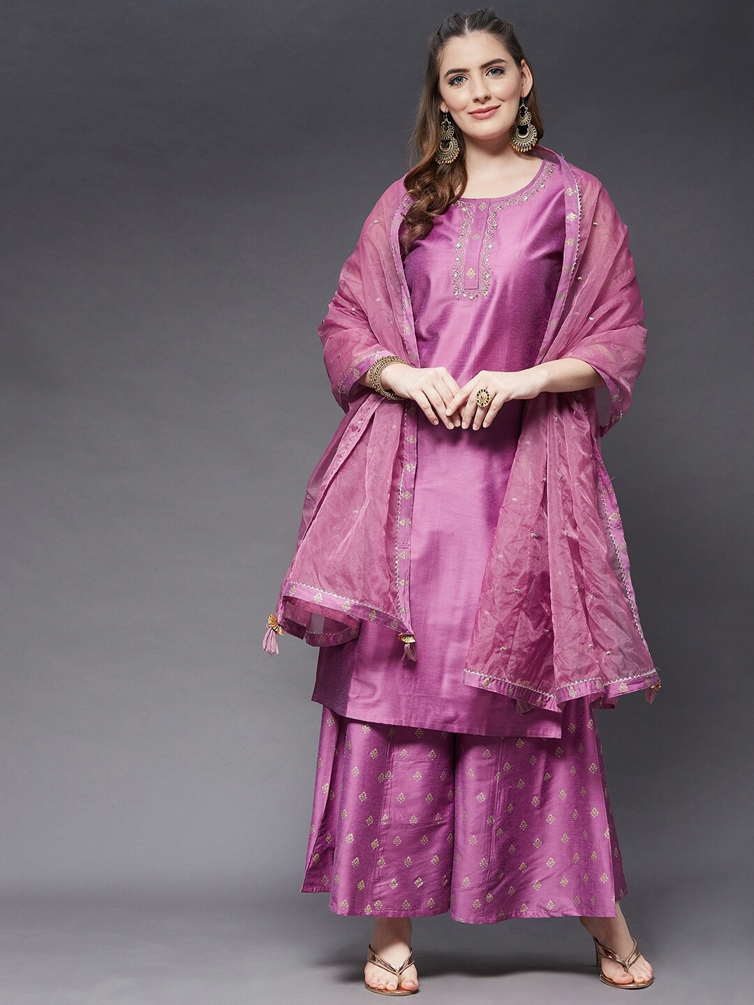 

Azira Women Mauve Embroidered Kurta with Palazzos & With Dupatta