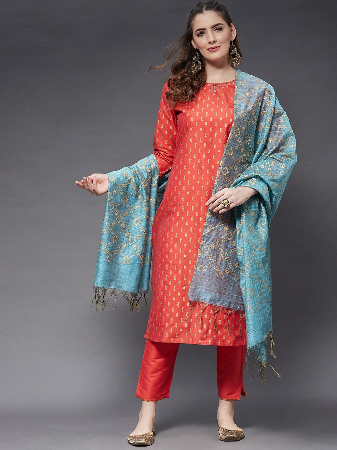 

Azira Women Orange & Blue Printed Straight Kurta with Trousers & With Dupatta