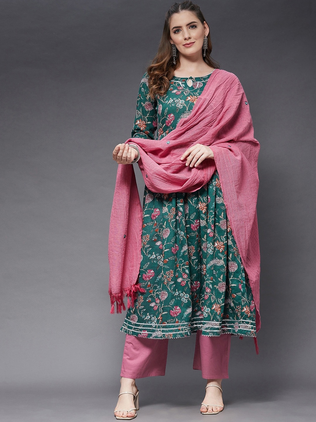 

Azira Women Green & Pink Floral Printed Pure Cotton Kurta with Trousers & With Dupatta