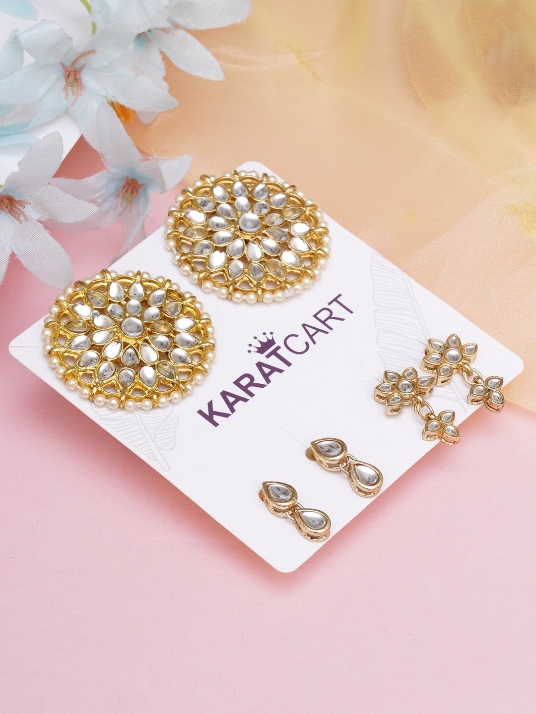 

KARATCART Set Of 3 Gold-Plated & White Classic Studs Earrings