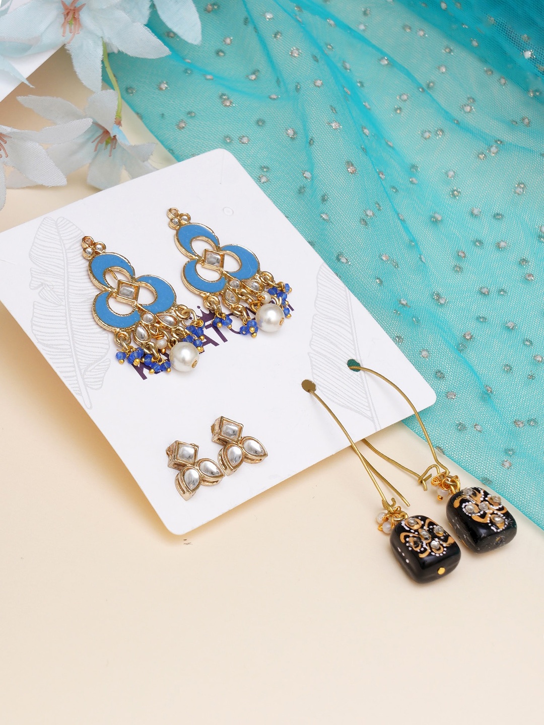 

KARATCART Women Set of 3 Gold-Toned & Blue Classic Earrings