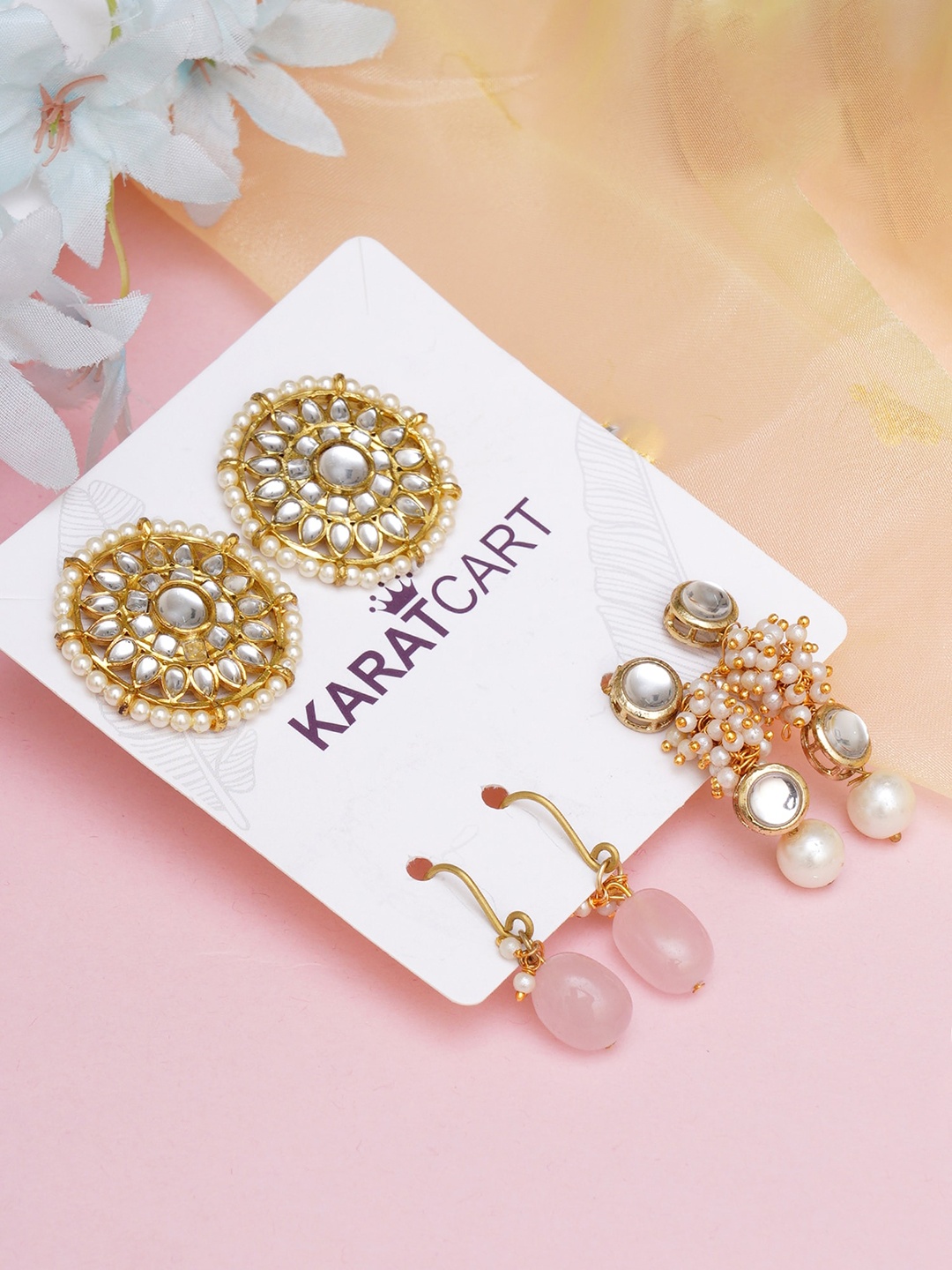 

KARATCART Set Of 3 Gold-Plated White & Pink Classic Kundan Studs & Drop Earrings