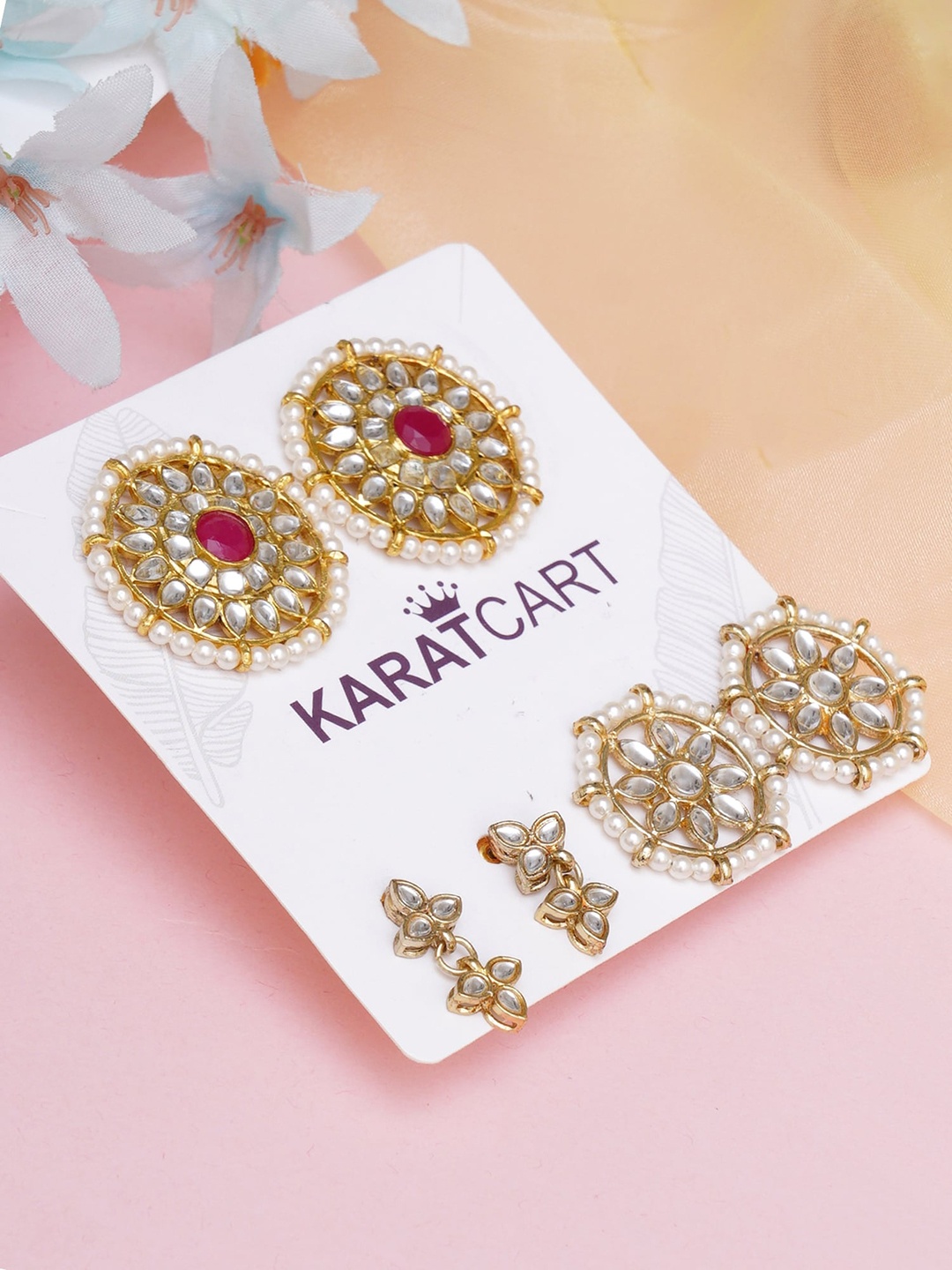 

KARATCART Set Of 3 Gold-Plated White & Pink Classic Kundan Studs Earrings