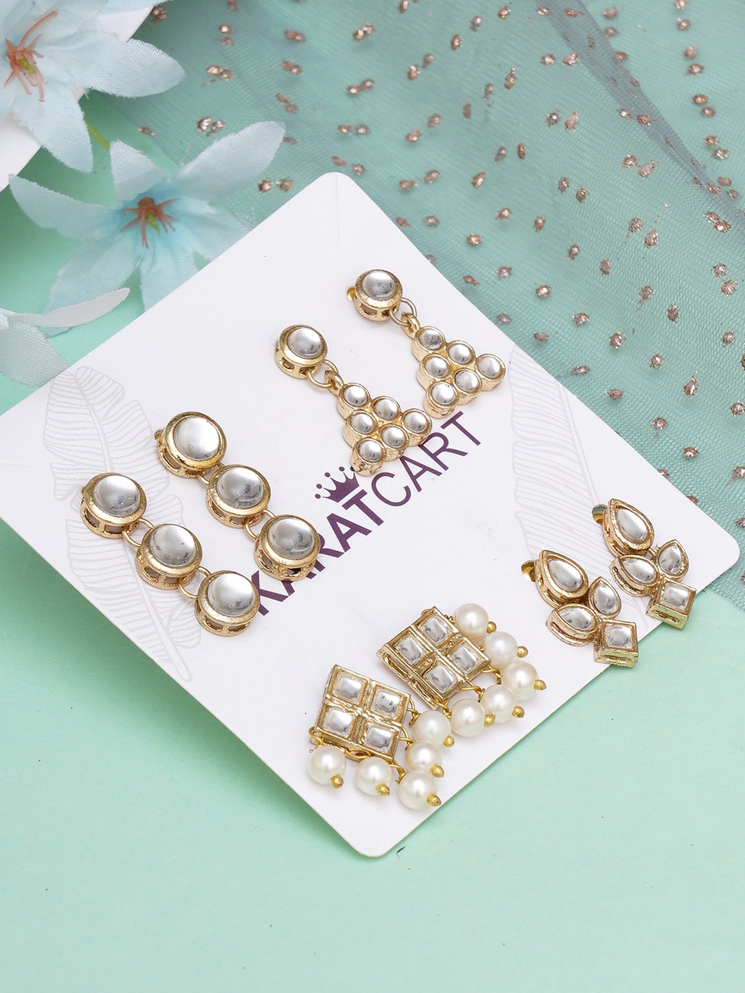 

KARATCART Set of 4 Gold-Plated & White Kundan Studded Earrings