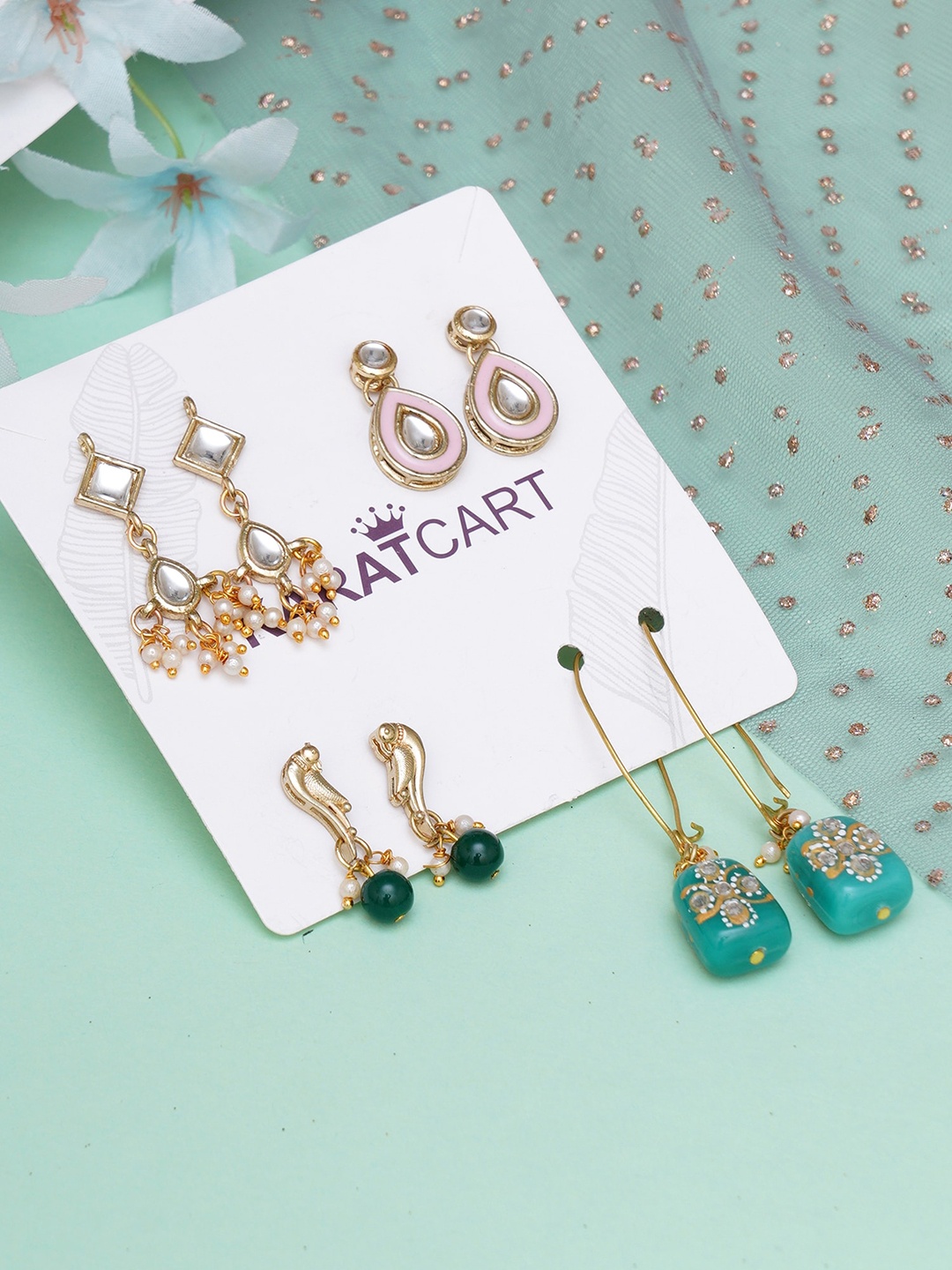 

KARATCART Gold-Plated & Blue Set Of 4 Classic Drop Earrings