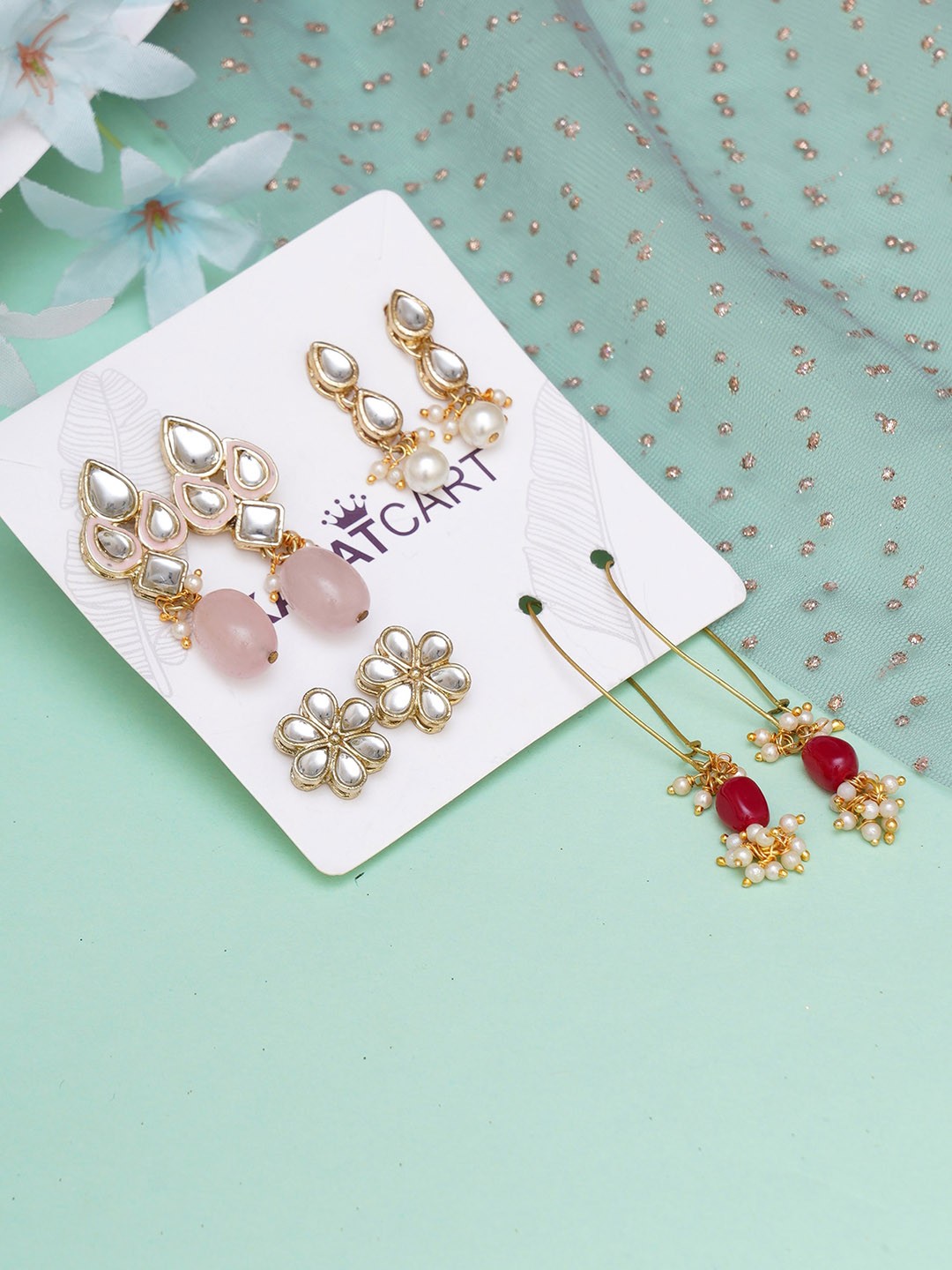 

KARATCART Set Of 4 Pink & Red Gold Plated Classic Drop Earrings
