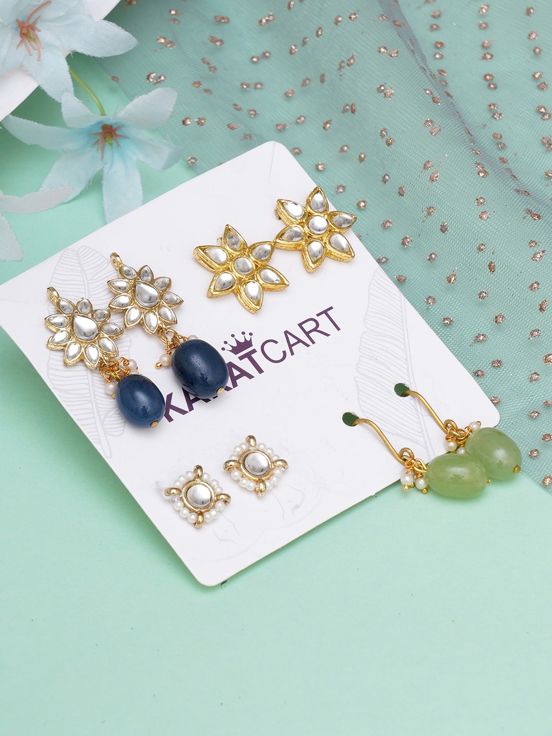 

KARATCART Set of 4 Blue & Green Gold Plated Classic Studs Earrings