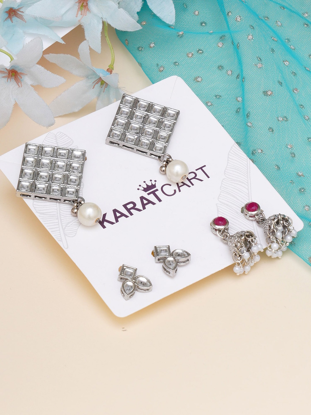 

KARATCART Set of 3 Gold-Plated Kundan Classic Studs Earrings, Silver