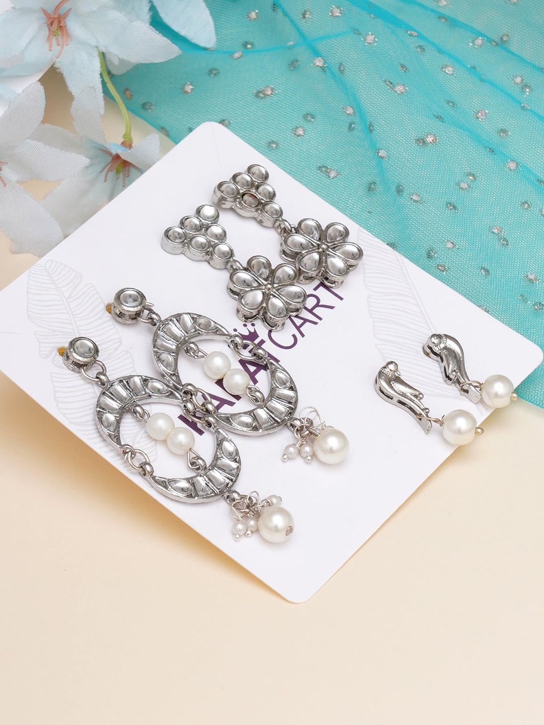 

KARATCART Set of 3 Classic Kundan Drop Earrings, Silver